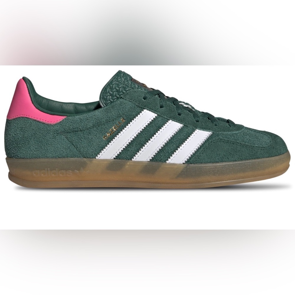 adidas Green Suede Athletic Shoes with White Stripes and Pink Heel